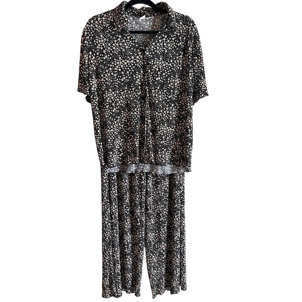 Joie black brown pleated button front top pull on pants outfit lettuce hem large